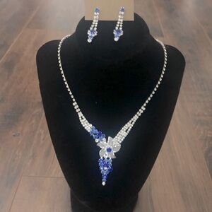 Rhinestone Blue matching jewelry set Drop earrings and necklace